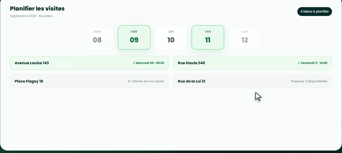 Agenda de l'espace pro : heures de début disponibles pour la visite PEB