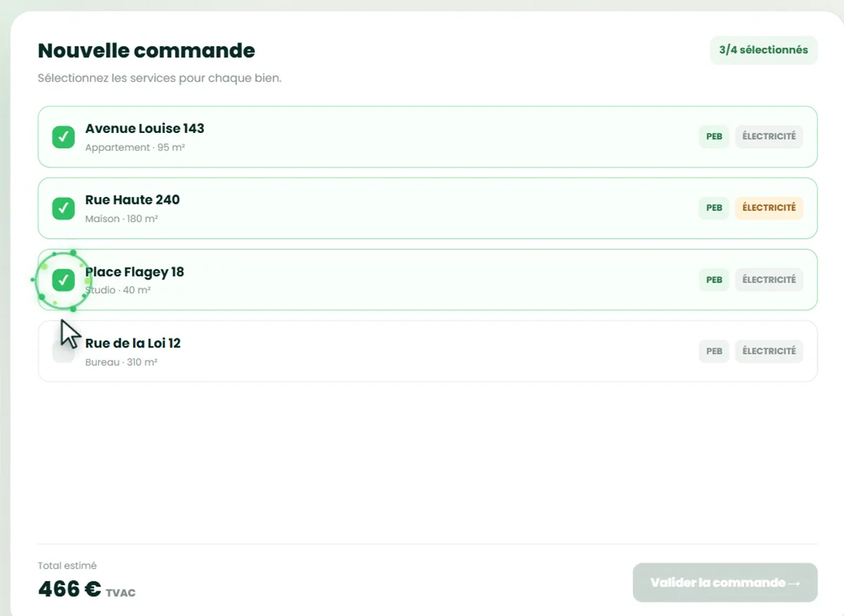 Espace pro AL Energy : commande de plusieurs biens en une fois, créneau de visite choisi dans l'agenda des certificateurs