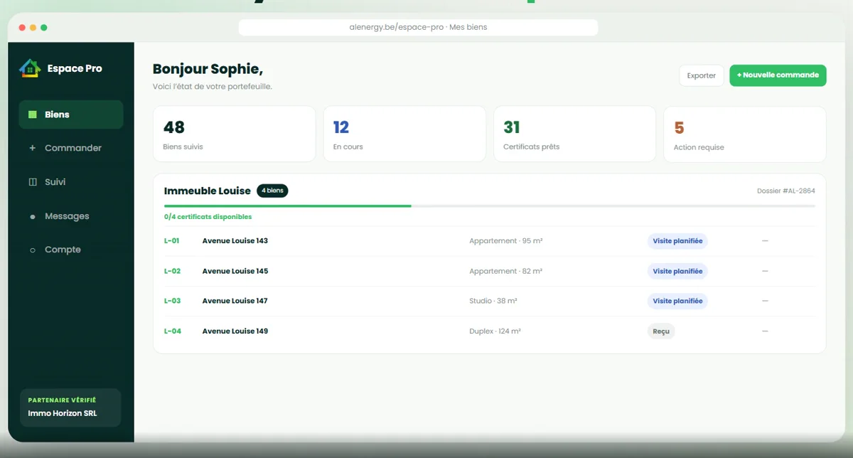 Espace pro AL Energy : tableau de bord des logements de votre parc et de leurs certificats PEB